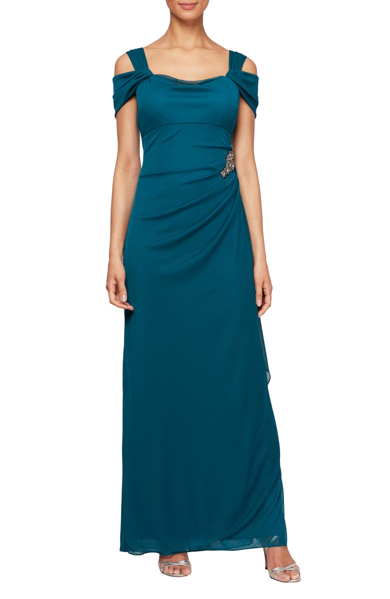 Alex Evenings Embellished Cold Shoulder Column Evening Gown, Main, color,