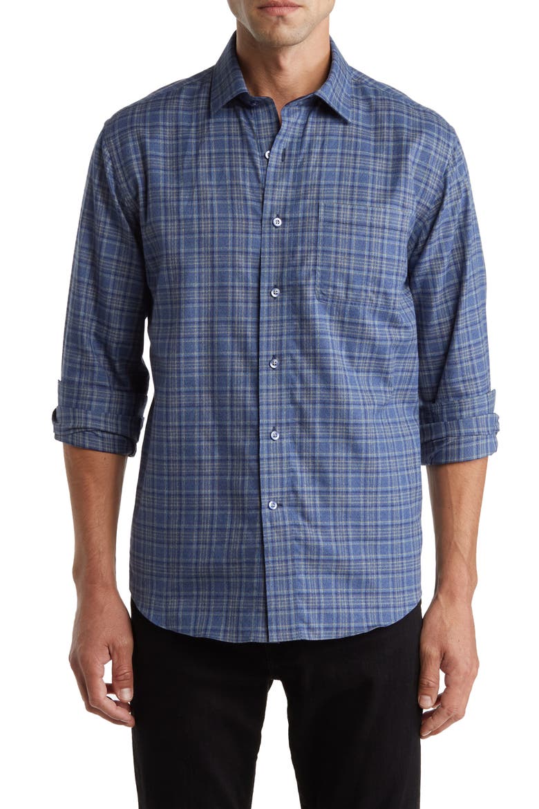 Trim Fit Flannel Cotton Dress Shirt, Main, color, DENIM/ NAVY/ YELLOW