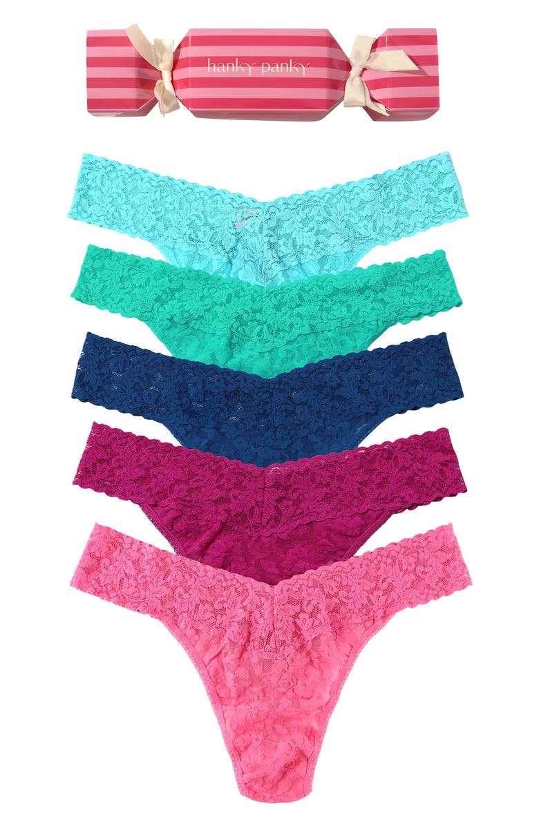 Hanky Panky Holiday Cracker Assorted 5-Pack Original Rise Thongs, Alternate, color, Aqua/Sea/Dive/Countess/Sugar