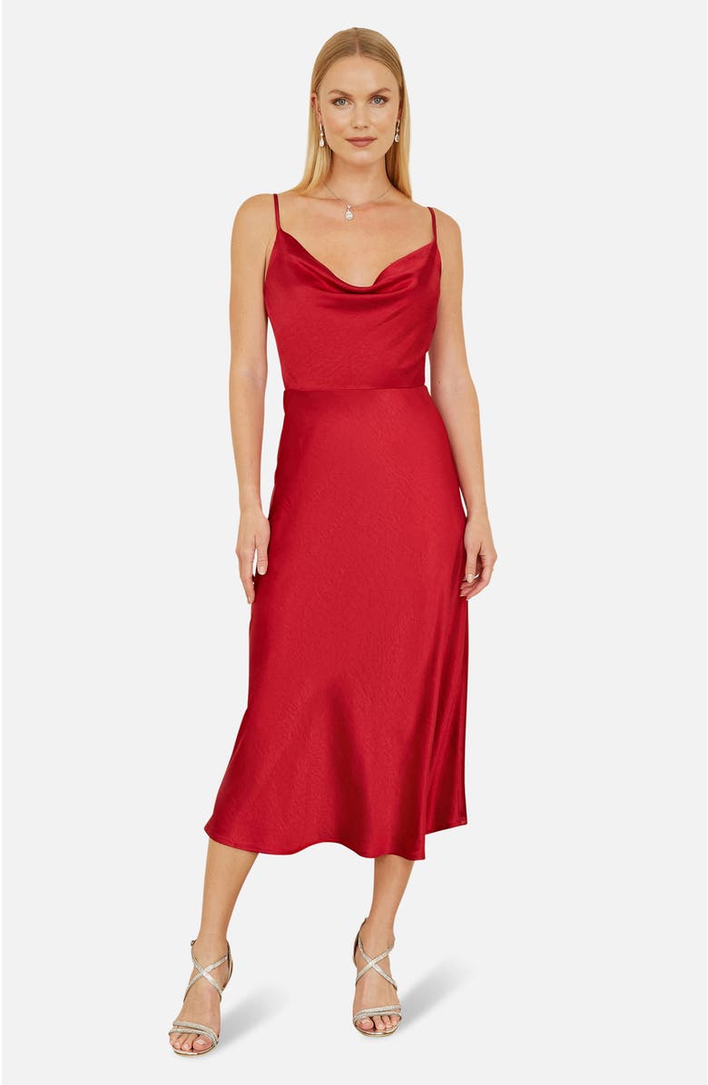 Yumi Satin Cowl Neck Midi Dress, Alternate, color, Red