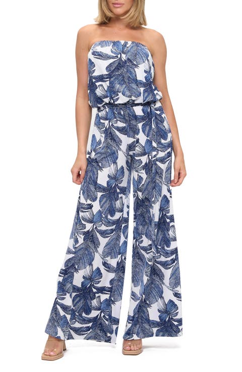 Floral Print Strapless Wide Leg Jumpsuit
