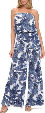 O.L. Floral Print Strapless Wide Leg Jumpsuit