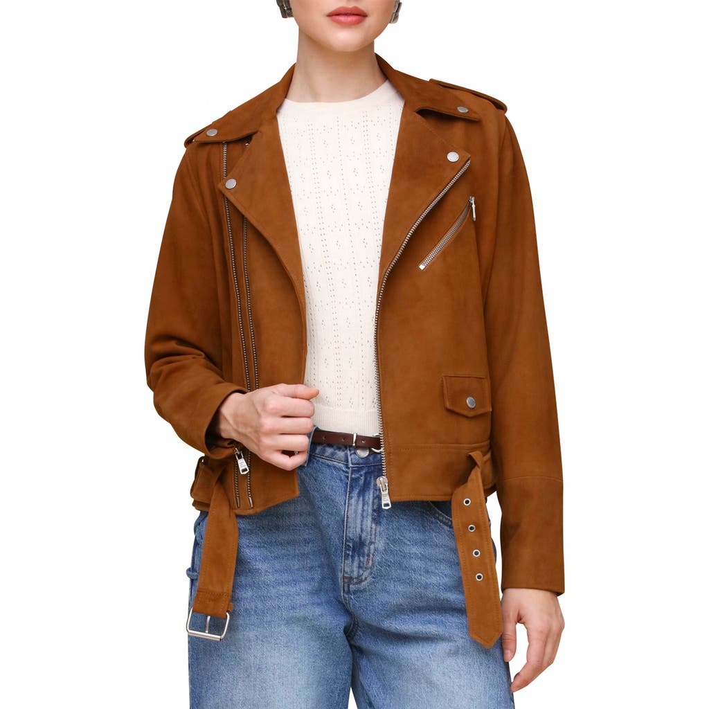 Avec Les Filles Belted Suede Moto Jacket in Camel  product