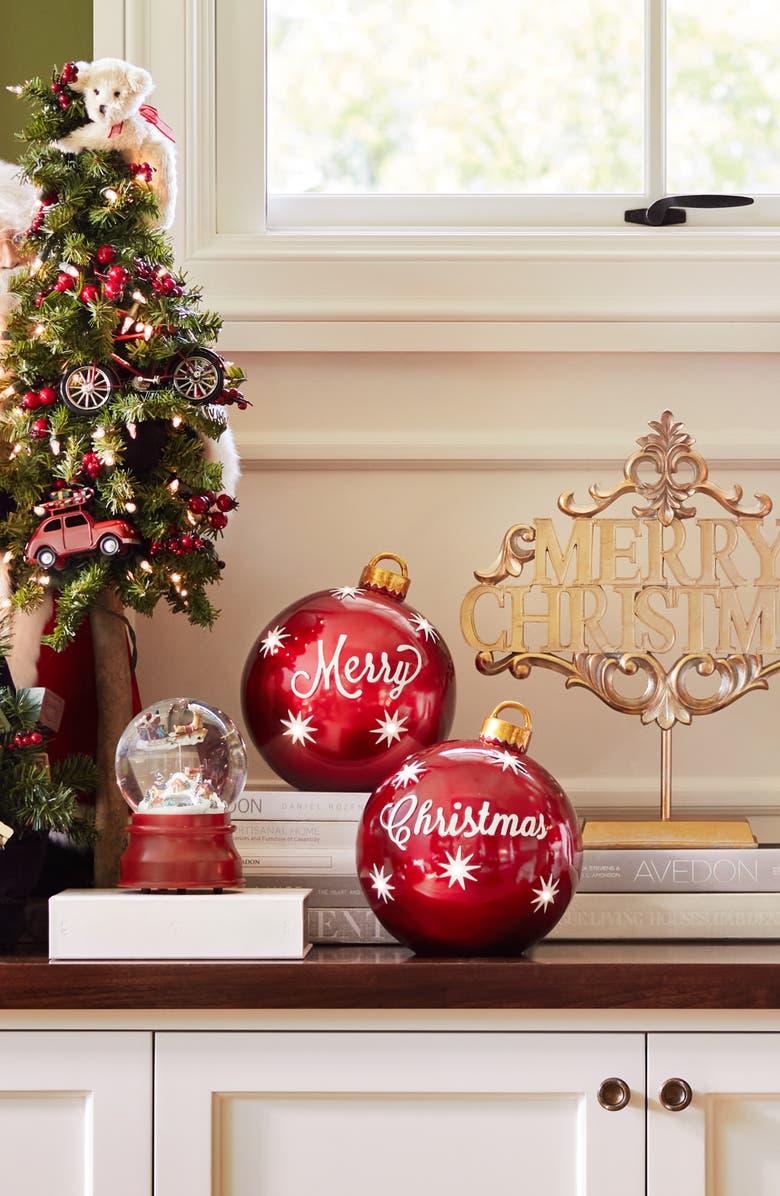 Balsam Hill Lit Tabletop Merry Christmas Ornament Set, Alternate, color, Red & White