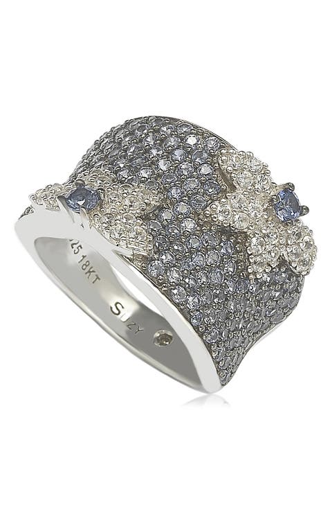 18K Gold & Sterling Silver Pavé Blue & Created White Sapphire Diamond Accent Floral Band Ring - 0.02 ctw
