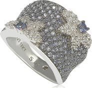 SUZY LEVIAN 18K Gold & Sterling Silver Pavé Blue & Created White Sapphire Diamond Accent Floral Band Ring - 0.02 ctw