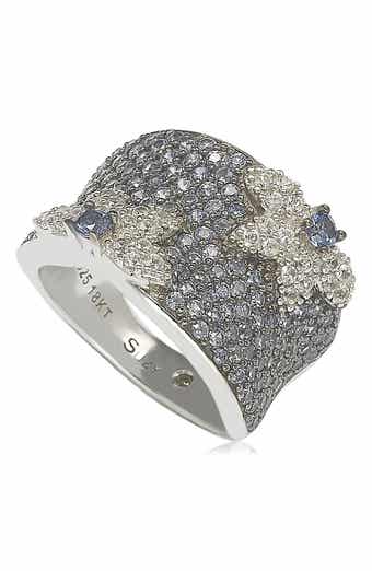 SUZY LEVIAN 18K Gold & Sterling Silver Pavé Blue & Created White Sapphire Diamond Accent Floral Band Ring - 0.02 ctw