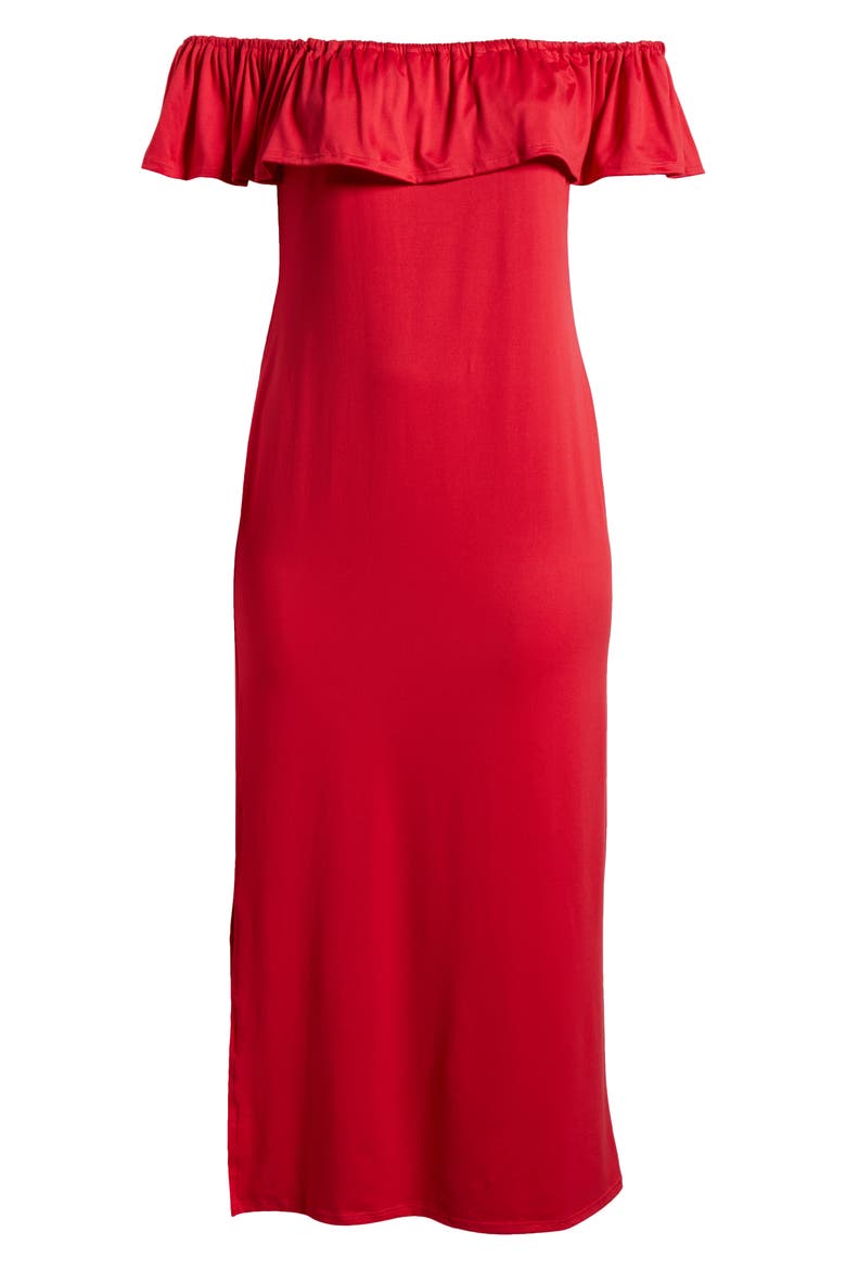 Off the Shoulder Jersey Midi Dress, Alternate, color, RED