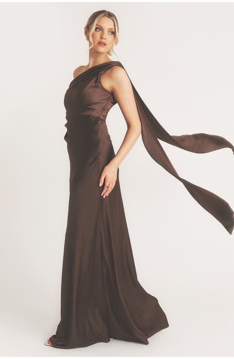 Six Stories One Shoulder Drape Bridesmaid Dress, Alternate, color, Chocolate