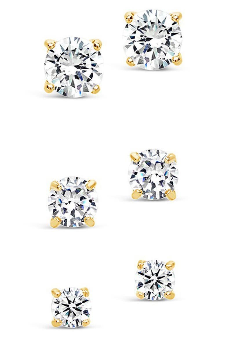 14K Gold Plated Sterling Silver CZ Stud Earrings - Set of 3, Alternate, color, GOLD