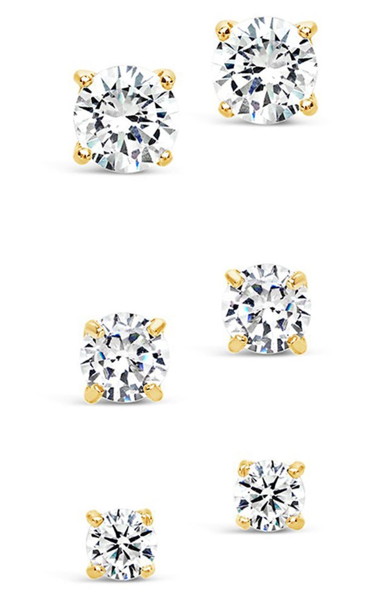 Sterling Forever 14K Gold Plated Sterling Silver CZ Stud Earrings - Set of 3, Alternate, color, Gold