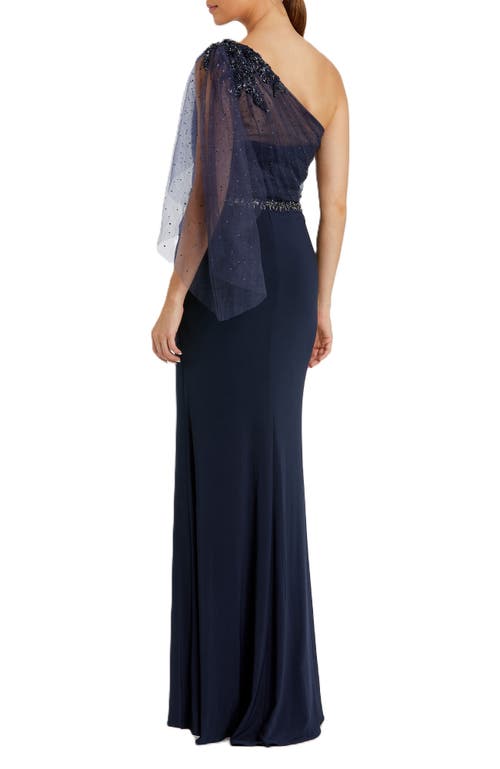 Mac Duggal Beaded One-shoulder Sheath Gown In Navy