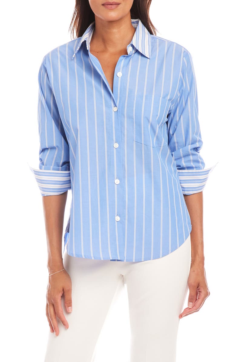 Karen Kane Stripe Ruched Sleeve Button-Up Shirt, Main, color, 
