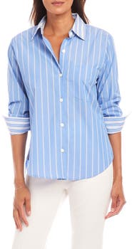 Karen Kane Stripe Ruched Sleeve Button-Up Shirt