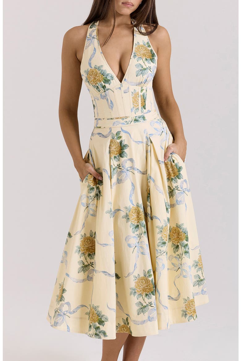 Allena Floral Halter Stretch Cotton Midi Sundress, Alternate, color, YELLOW ROSE PRINT
