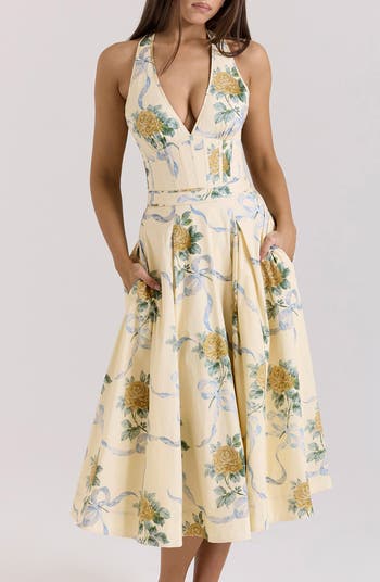 Allena Floral Halter Stretch Cotton Midi Sundress