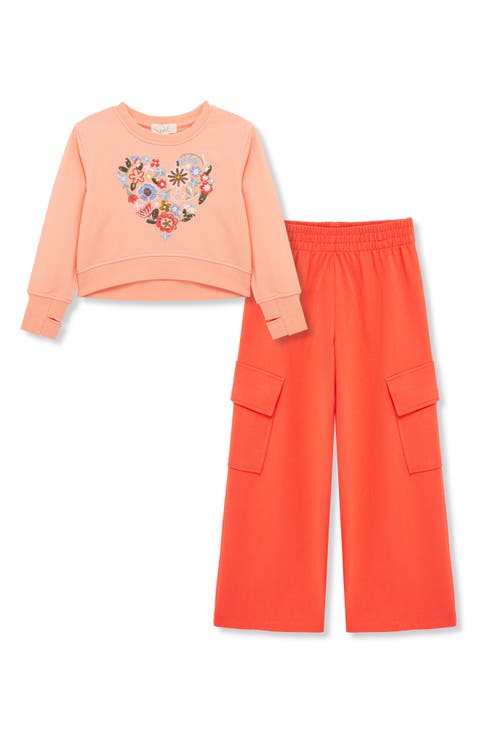 Kids' Flower Embroidered Heart Sweatshirt & Knit Cargo Pants Set (Toddler, Little Kid & Big Kid)