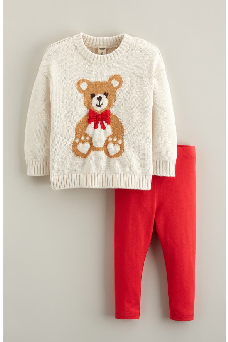 Fuzzy Icon Sweater & Leggings Set, Main, color, IVORY EGRET TEDDY BEAR- RED