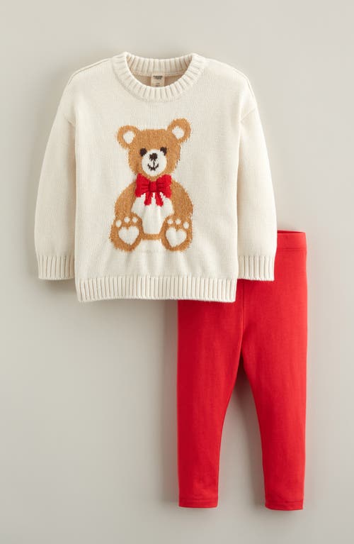 Tucker + Tate Fuzzy Icon Sweater & Leggings Set in Ivory Egret Teddy Bear- Red  product