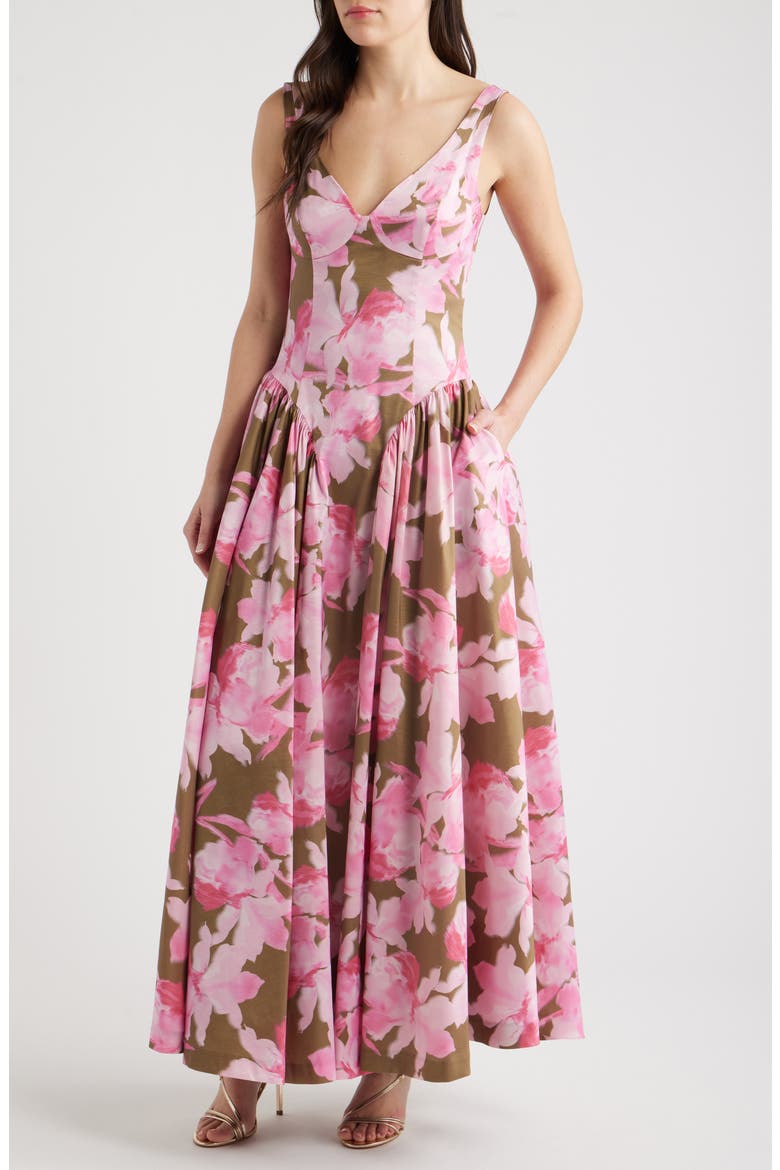 Jemma Floral Maxi Dress, Alternate, color, OLIVE/ PINK WATERCOLOR ORCHIDS