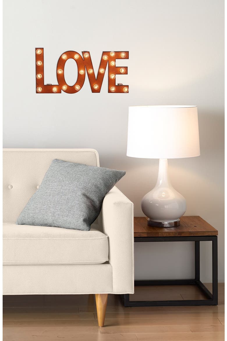 'Marquee Lights - Love' Recycled Metal Sign, Alternate, color, BROWN