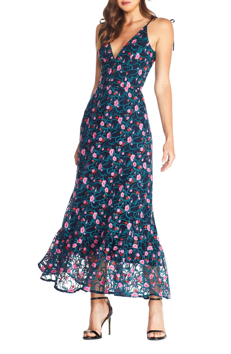 Dress the Population Sunny Embroidered Floral Tie Shoulder Gown, Main, color, 