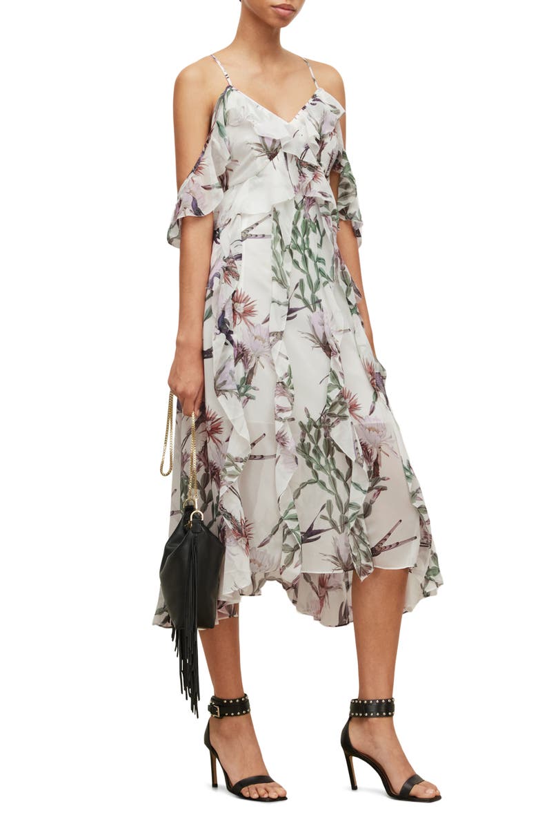 AllSaints Fali Senja Floral Print Ruffle Midi Dress, Alternate, color,