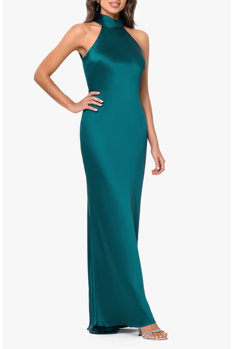 Halter Neck Satin Sheath Gown, Alternate, color, TEAL