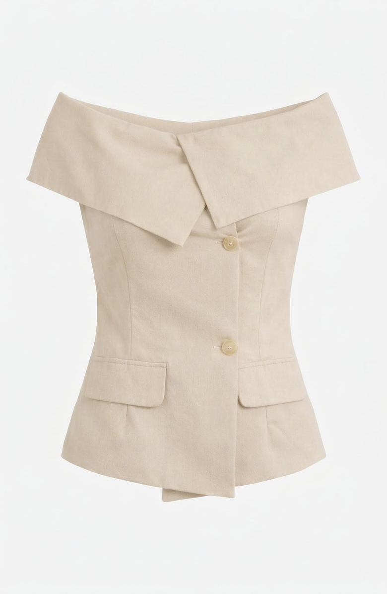 Modenaire Off Shoulder Tailored Top with Foldover Collar and Button Front, Alternate, color, Beige