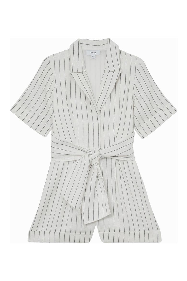 Estella Stripe Tie Waist Romper, Alternate, color, IVORY/ NAVY