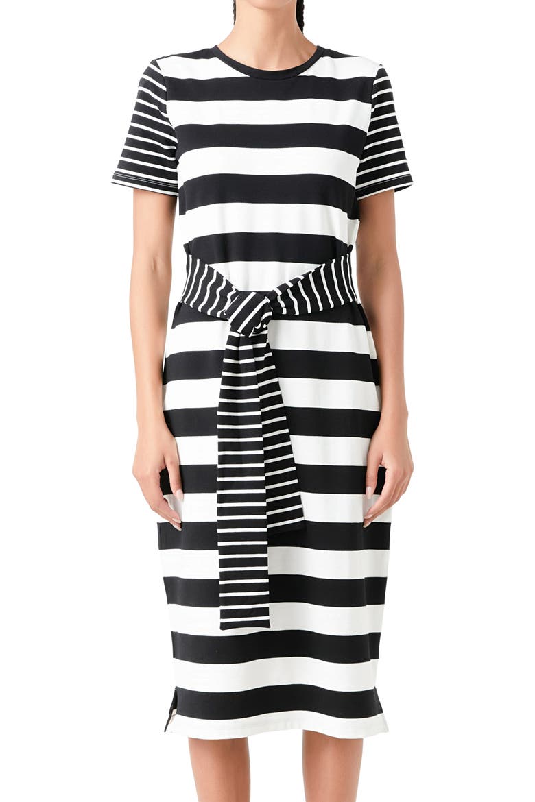 Stripe Tie Front Midi T-Shirt Dress, Alternate, color, BLACK/ WHITE