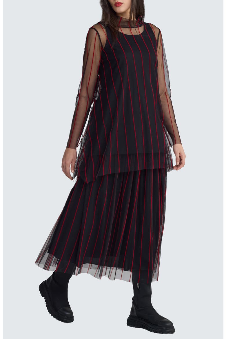 Noelle Striped Mesh Layered Blouse, Alternate, color, Black Red