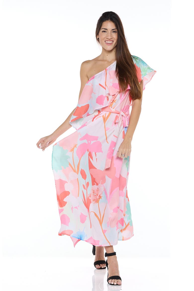 Floral One Shoulder Ruffle Belted Maxi Dress, Alternate, color, PINK