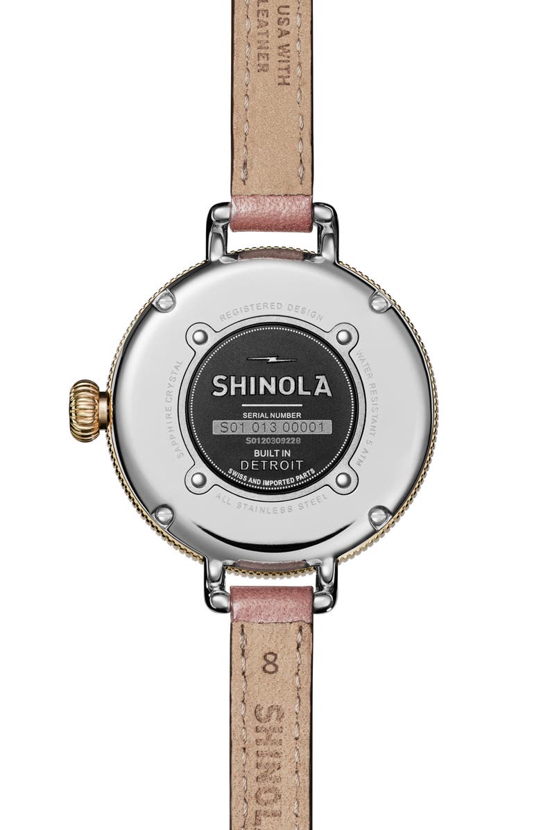 Shinola Birdy Blush Leather Strap Watch, 34mm, Alternate, color, White Mother Of Pearl