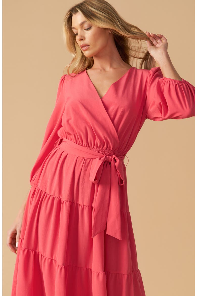 Long Sleeve Faux Wrap Midi Dress, Alternate, color, CORAL RED