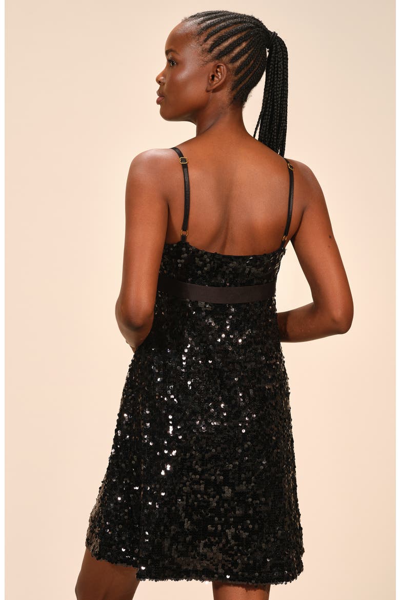 Sequin Tie Waist A-Line Minidress, Alternate, color, BLACK