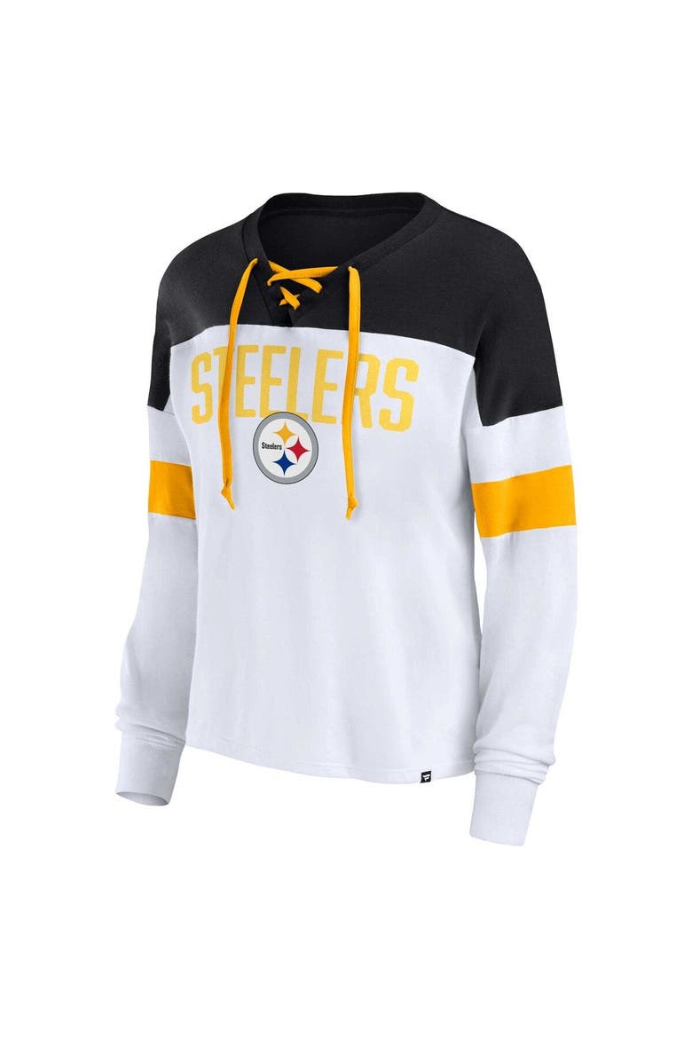 Women's Fanatics Branded White/Black Pittsburgh Steelers Plus Size Even Match Lace-Up Long Sleeve V-Neck Top, Alternate, color, White