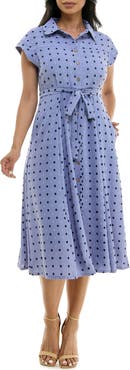 Nina Leonard Swiss Dot Cap Sleeve Midi Shirtdress