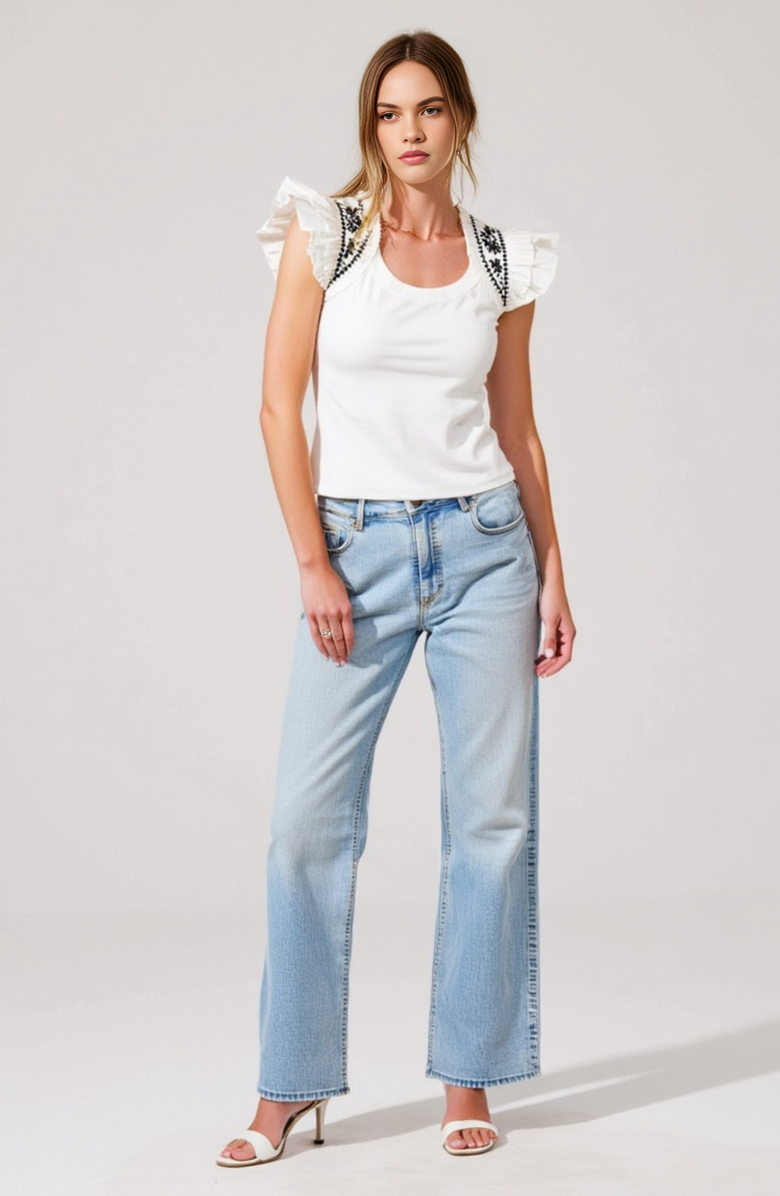 Modenaire Ruffled Cap-Sleeve Knit Top with Embroidered Shoulder Detail, Alternate, color, White / Black