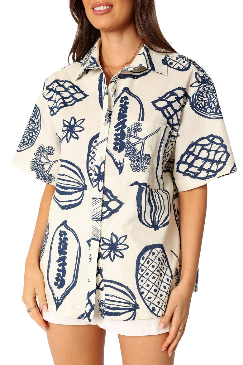 Zayd Botanical Print Short Sleeve Cotton & Linen Button-Up Shirt, Alternate, color, NAVY