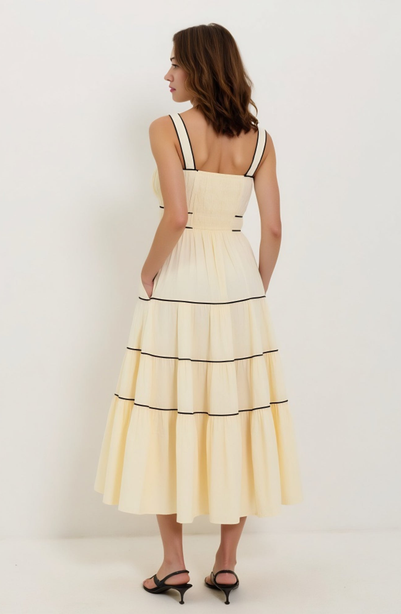 Modenaire Strappy Tiered Flowing Contrasting Trim Maxi Dress, Alternate, color, Off-White / Black