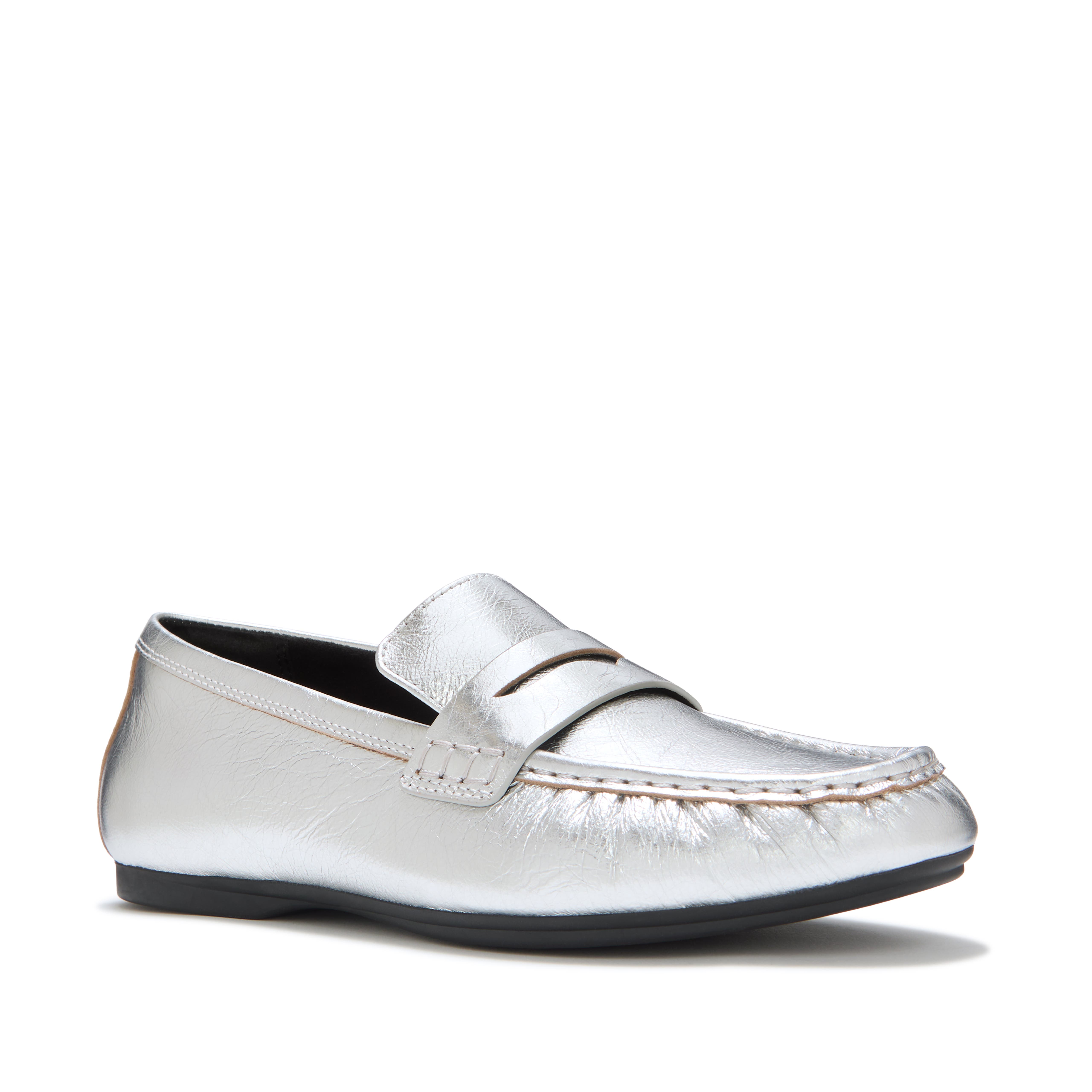 Delicato Crinkle Metallic Leather Loafers, Main, color, Silver