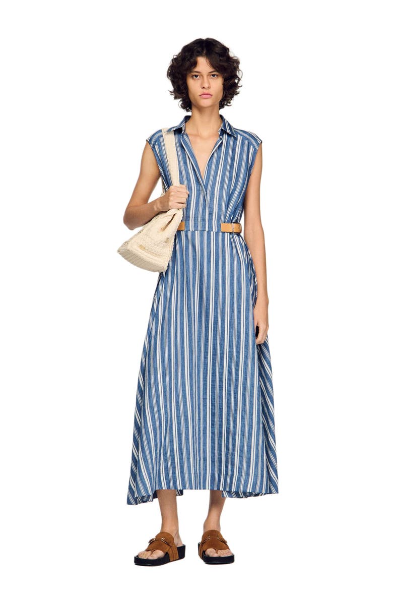 SANDRO Striped maxi dress with leather tab, Alternate, color, Blu / White