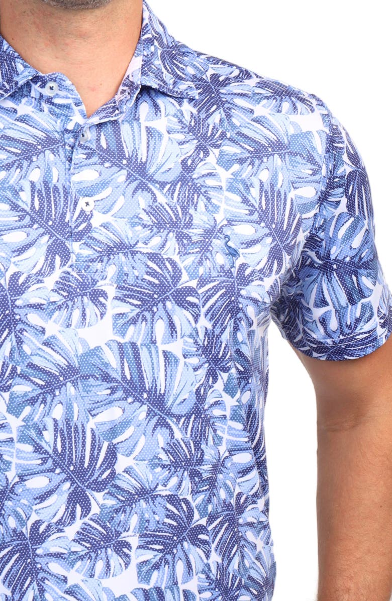 TailorByrd Tropical Leaf Print Performance Polo, Alternate, color, Navy