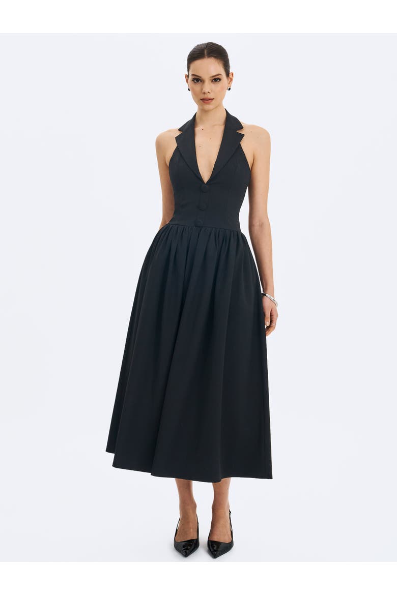 Delaney Lapel Halter Midi A-Line Dress, Alternate, color, Black