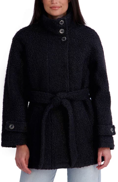 Belted Bouclé Faux Wool Coat