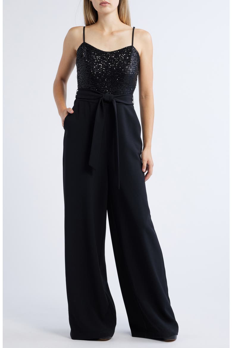 Sequin Square Neck Wide Leg Jumpsuit, Main, color, BLACK