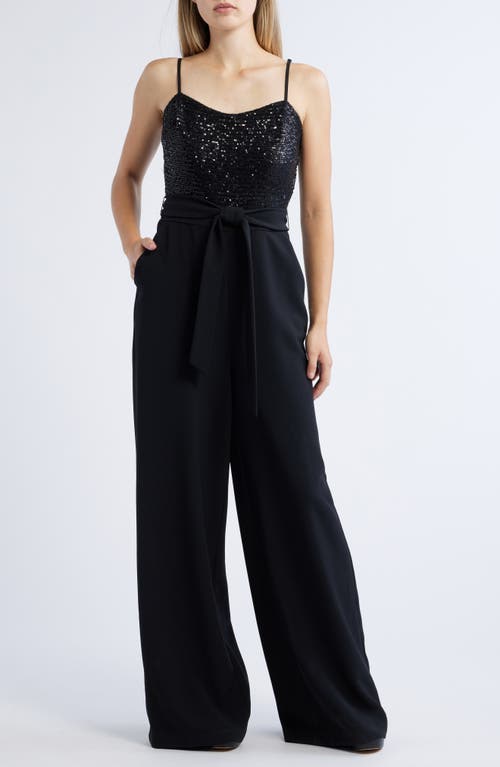 Julia Jordan Sequin Square Neck Wide Leg Jumpsuit in Black 