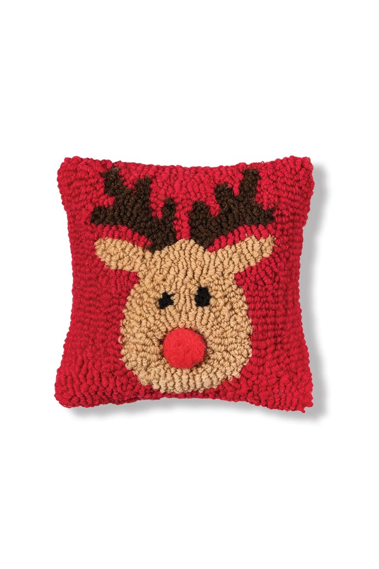 Red Nose Reindeer Games Hooked Christmas Mini Accent Pillow 8" x 8", Main, color, Red