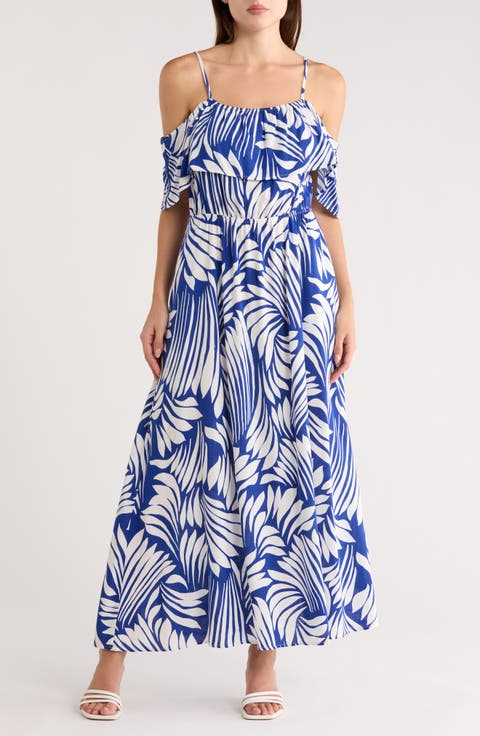 Fan Print Cold Shoulder Maxi Dress